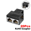 A black dual RJ45 coupler adapter with ventilation slots shown next to a magnified view.