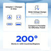 Diagram showing features of a universal travel adapter including wide voltage design and portability for global travel
