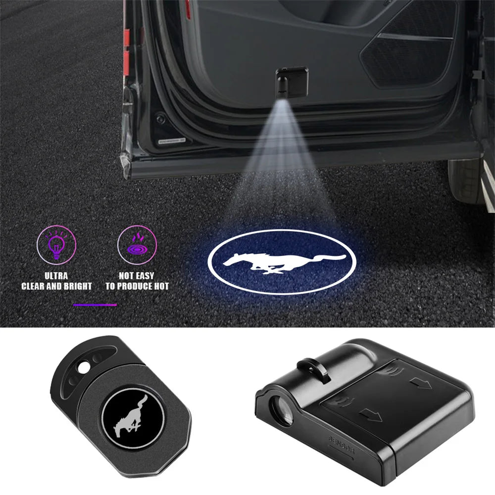 A pair of LED car door welcome lights, one in a round shape and one rectangular, demonstrating their bright light projection.
