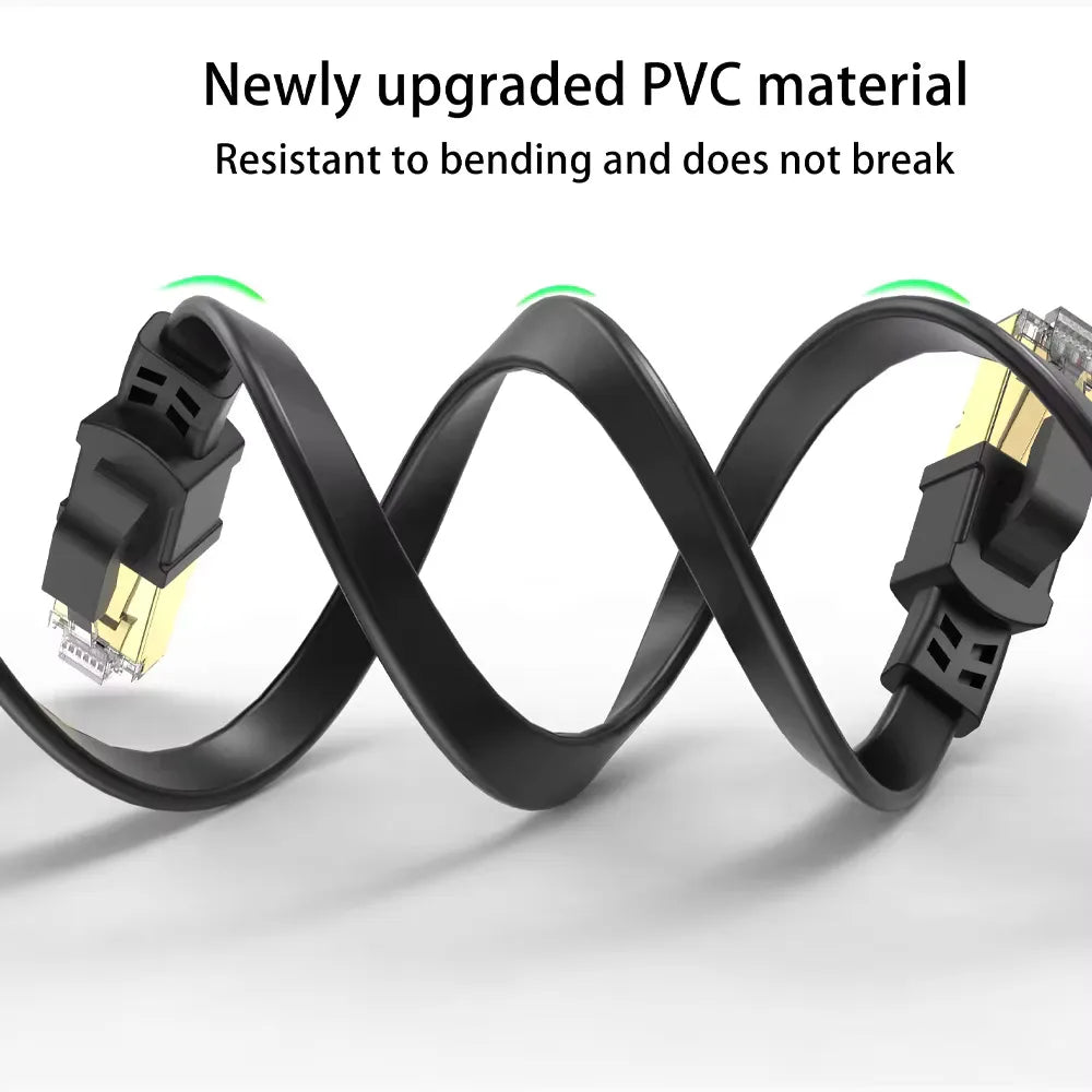 Black Cat 8 Ethernet cable with connectors shown coiled and looped