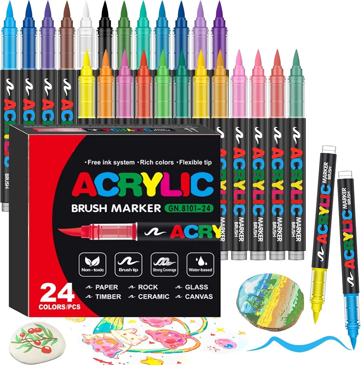 A collection of 24 colored acrylic brush markers in various tips and colors displayed in a box.