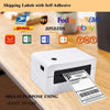 A white thermal shipping label printer is shown on a wooden surface with various shipping logos displayed nearby.