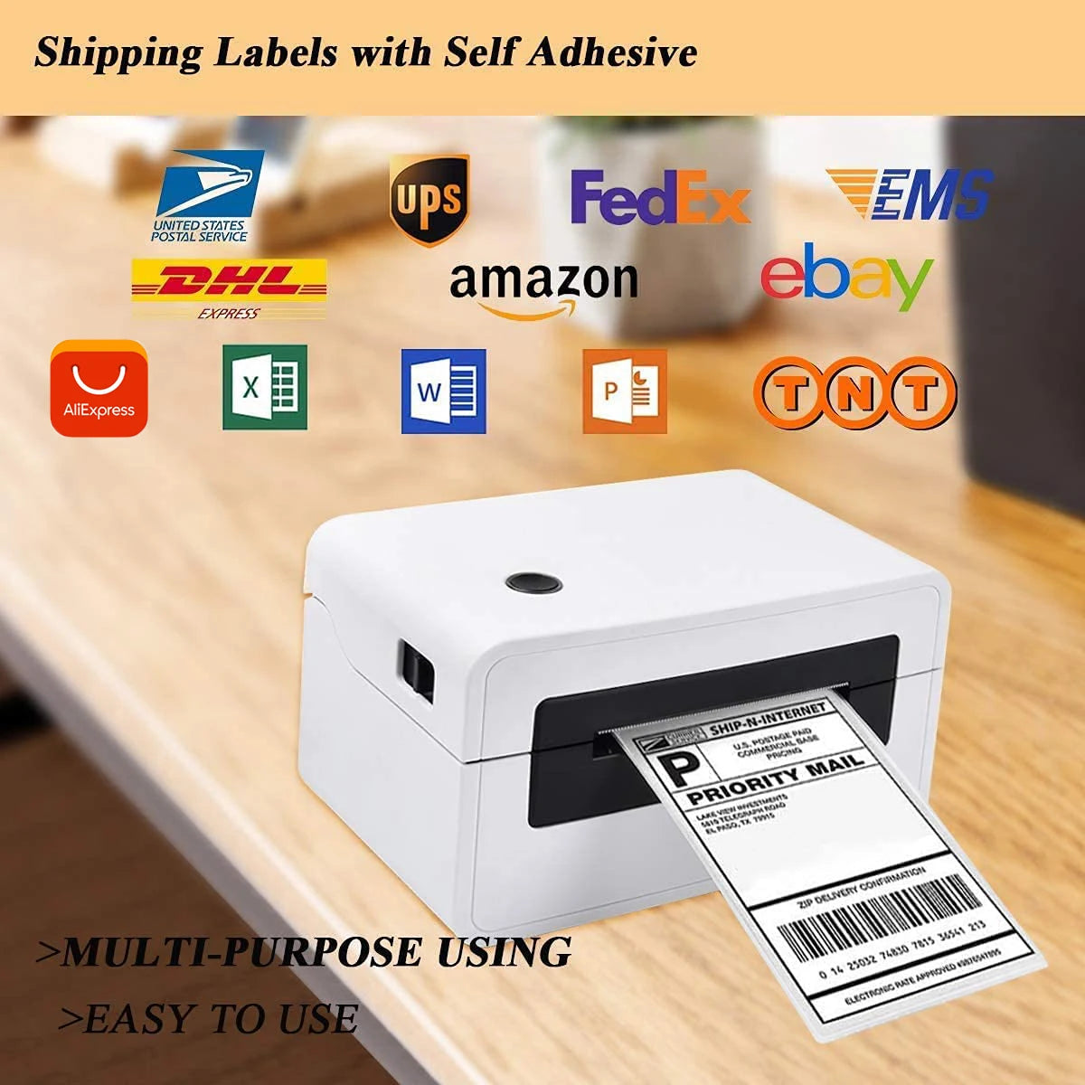 A white thermal shipping label printer is shown on a wooden surface with various shipping logos displayed nearby.