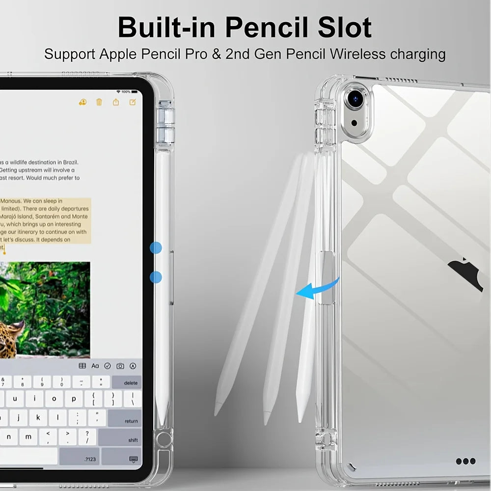 A clear protective skin case for an iPad showing a built-in pencil slot for wireless charging.
