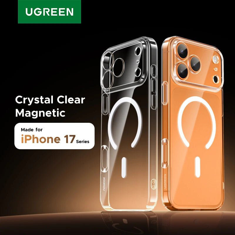 A pair of clear magnetic cases for iPhone 17 series, one black and one orange.