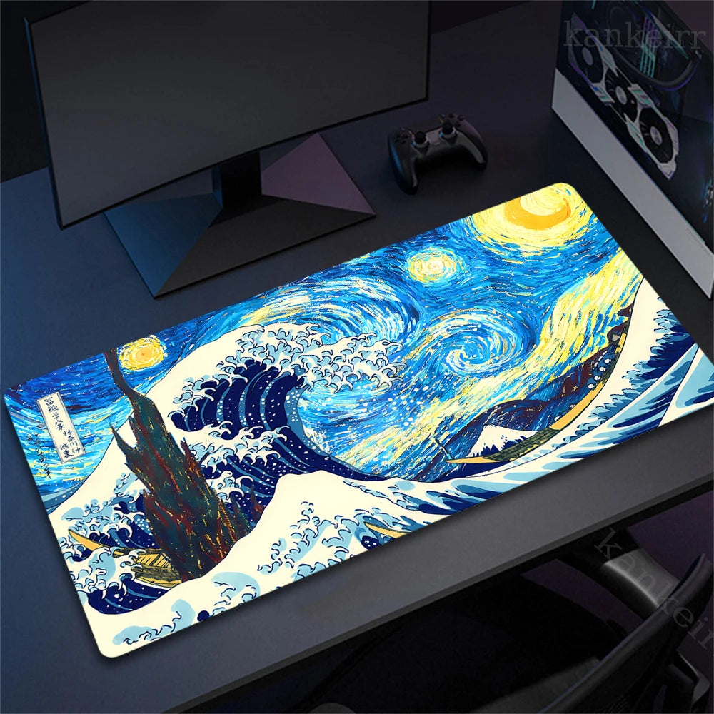 Extra large rubber desk mat mousepad featuring a blue and yellow seascape painting.