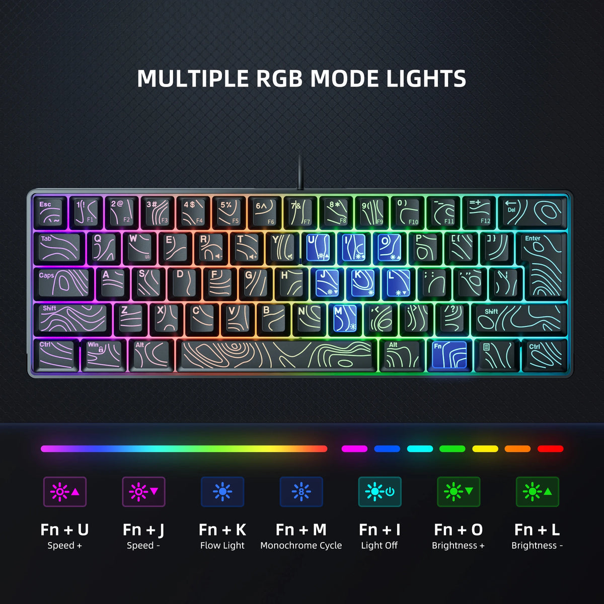 لقطة مقربة لوحة مفاتيح ألعاب مضيئة RGB مع أنماط إضاءة قابلة للتخصيص وشريط طيف لوني أسفلها