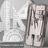 A clear plastic case containing a 9-piece compass set with various drawing tools and a ruler.