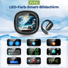 A black LED-Farb-Smart-Bildschirm device is shown with various functions like finding earbuds, voice assistant, camera, and m