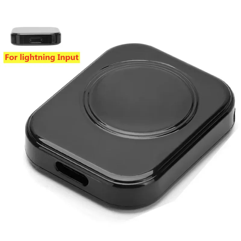 A black magnetic wireless charger for an Apple Watch, shown with a lightning input port.