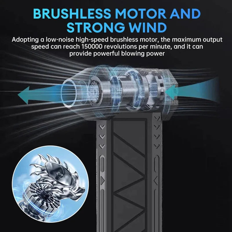 A close-up view of a handheld dust blower with a brushless motor and strong wind output.