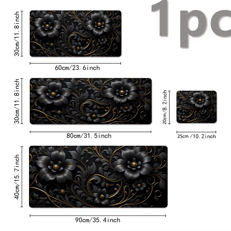 A set of three floral design mouse pads in black and gold accents, showing different sizes.