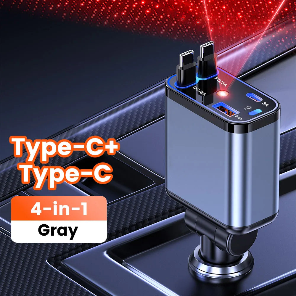 Grauer Type-C+ Type-C 4-in-1 ausziehbarer Auto-Ladegerät mit USB-C und PD Schnellladkabeln