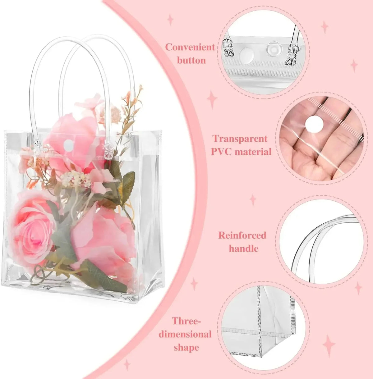 Bolsa de mano tipo tote de PVC transparente con asa reforzada y botón conveniente