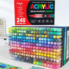 A box of 240 colored acrylic brush markers with tips, including a red and black marker.