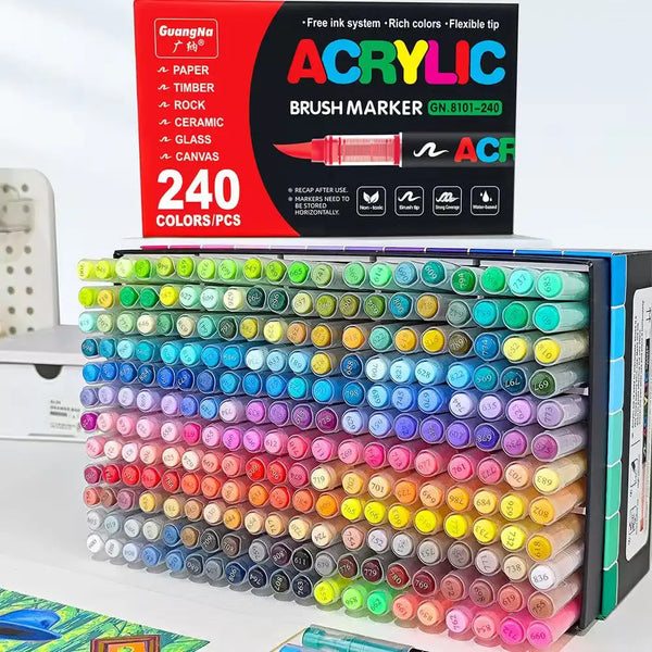 A box of 240 colored acrylic brush markers with tips, including a red and black marker.