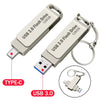 A silver USB 3.0 flash drive with a Type-C connector and a keyring is shown.