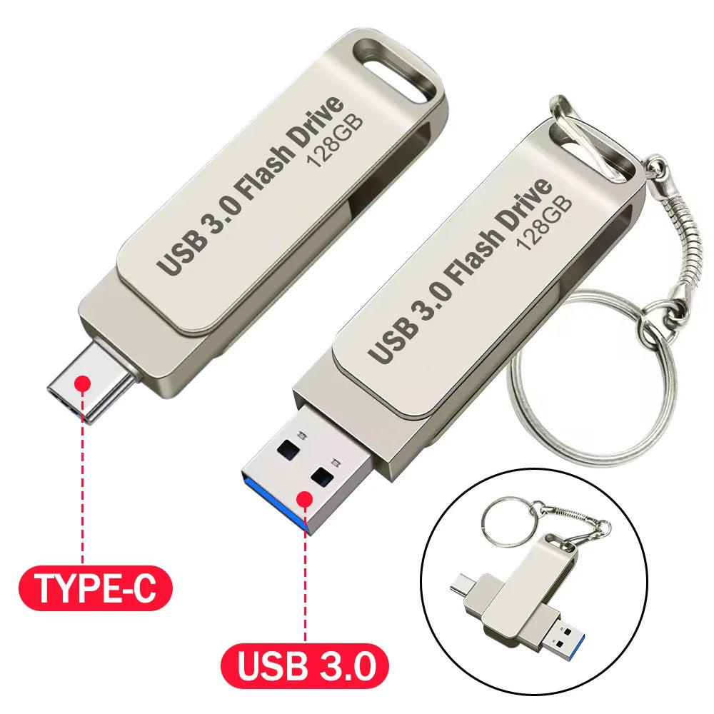 A silver USB 3.0 flash drive with a Type-C connector and a keyring is shown.