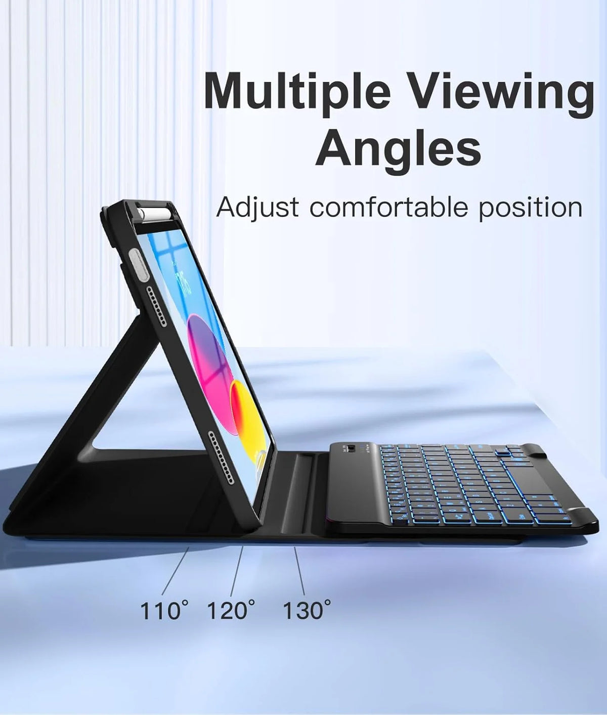 A black multi-viewing angle stand for an iPad, showing 110, 120, and 130 degree positions.