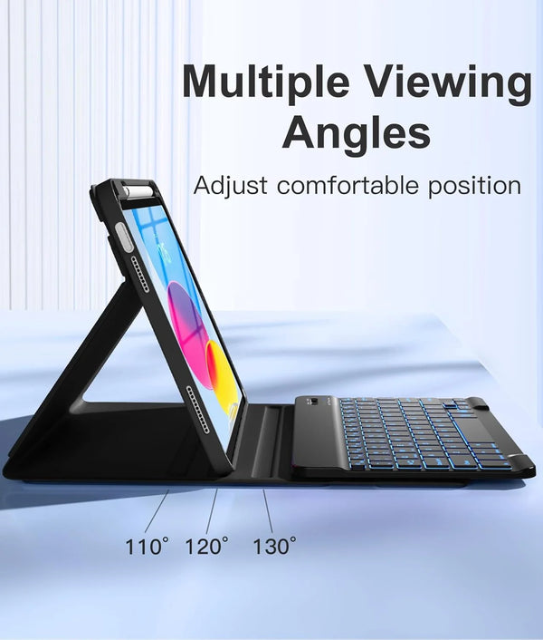 A black multi-viewing angle stand for an iPad, showing 110, 120, and 130 degree positions.