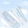 A set of four Angelic gel pens with pearl accents and silver clip, displayed on a light blue background.