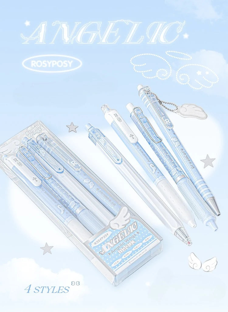A set of four Angelic gel pens with pearl accents and silver clip, displayed on a light blue background.