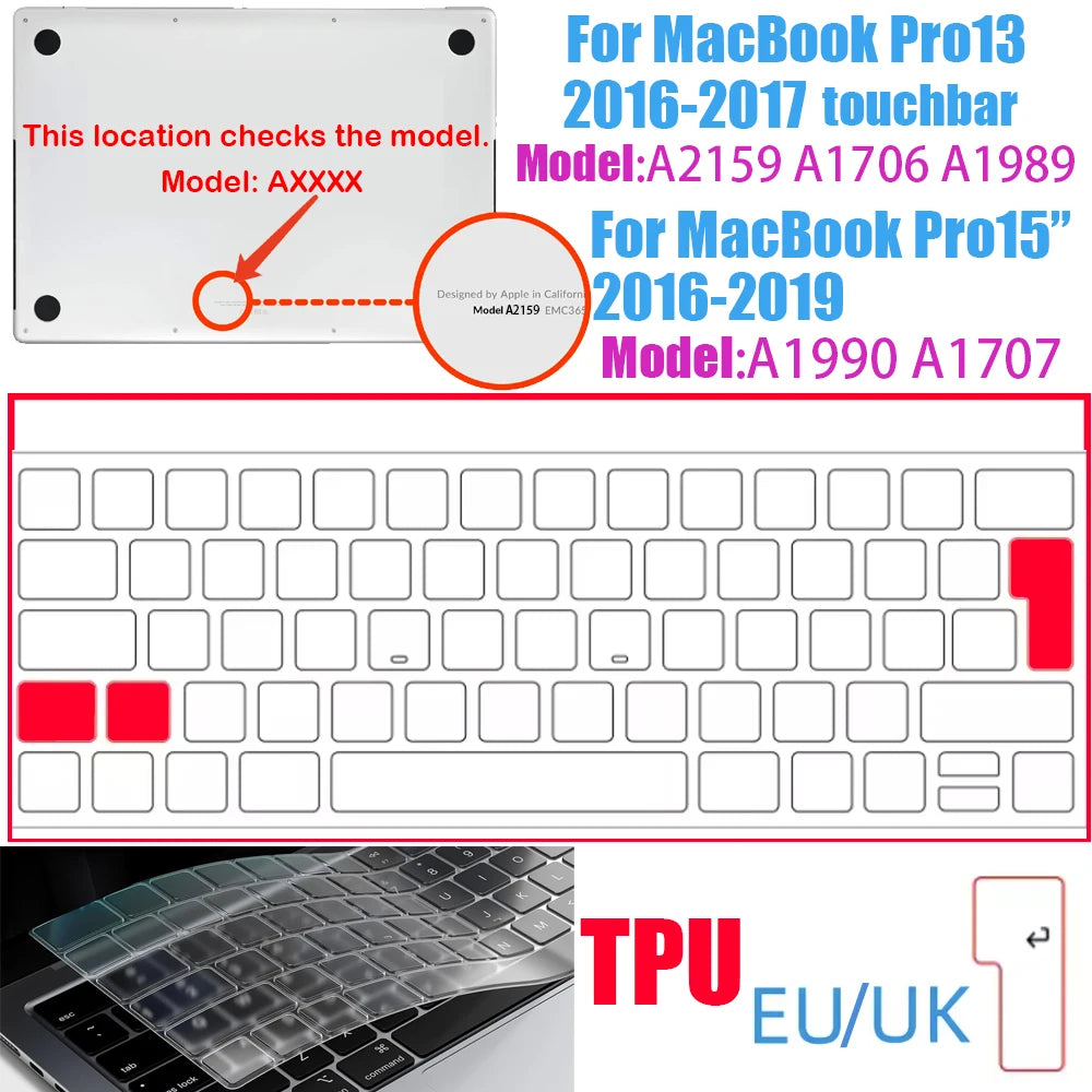 Ultra-thin TPU keyboard cover for MacBook Pro models, showing the keyboard and a silicone TPU case.