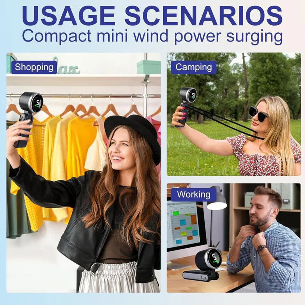 Una mujer usa un dispositivo compacto de energía eólica en diversas situaciones como ir de compras, acampar y trabajar.