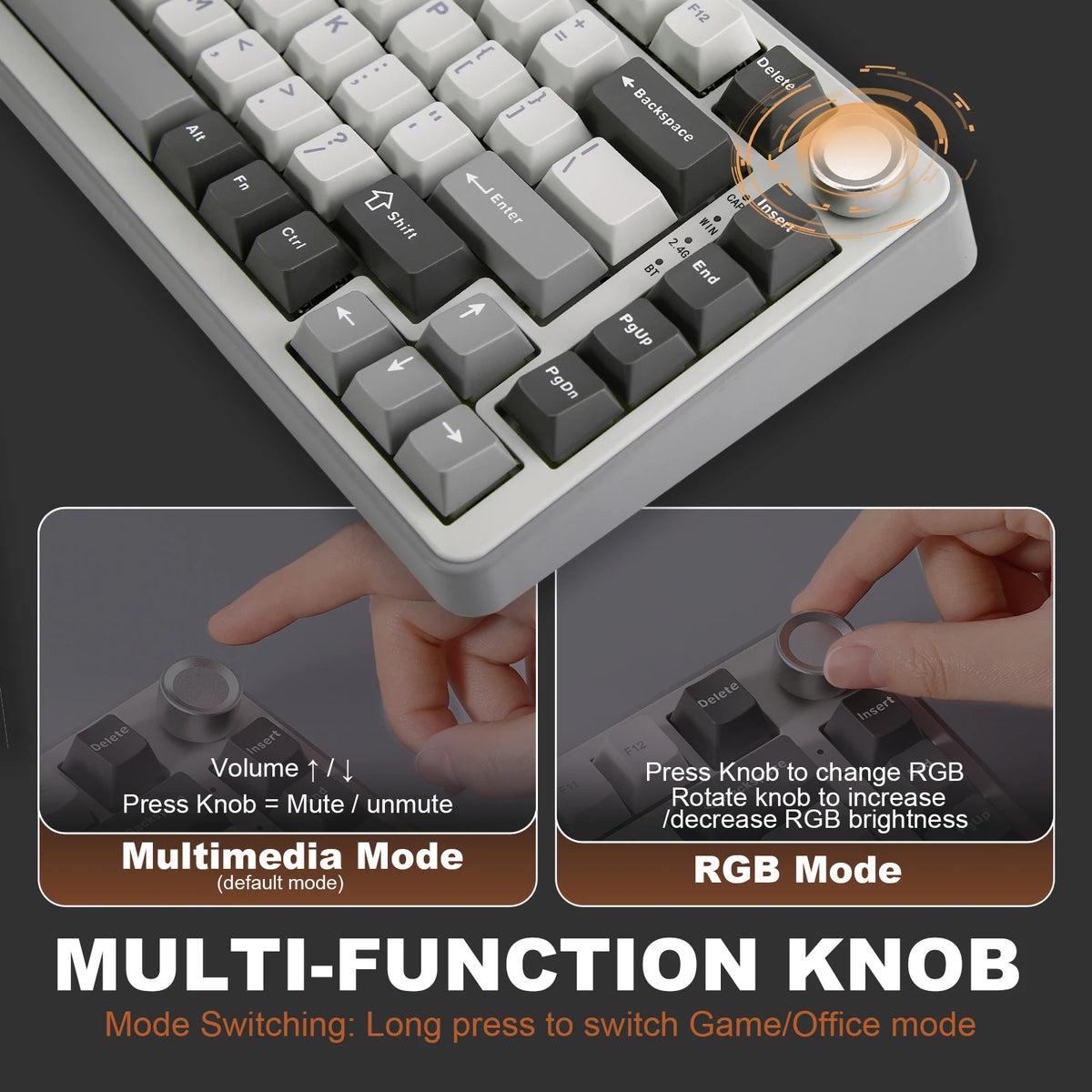 A close-up view of a white mechanical keyboard showing multimedia and RGB mode functions.