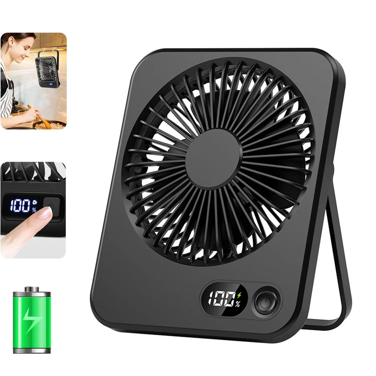 A black portable folding USB fan with a power bank battery and a circular grille for airflow.