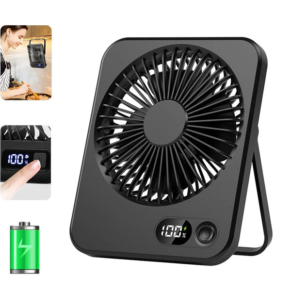 A black portable folding USB fan with a power bank battery and a circular grille for airflow.