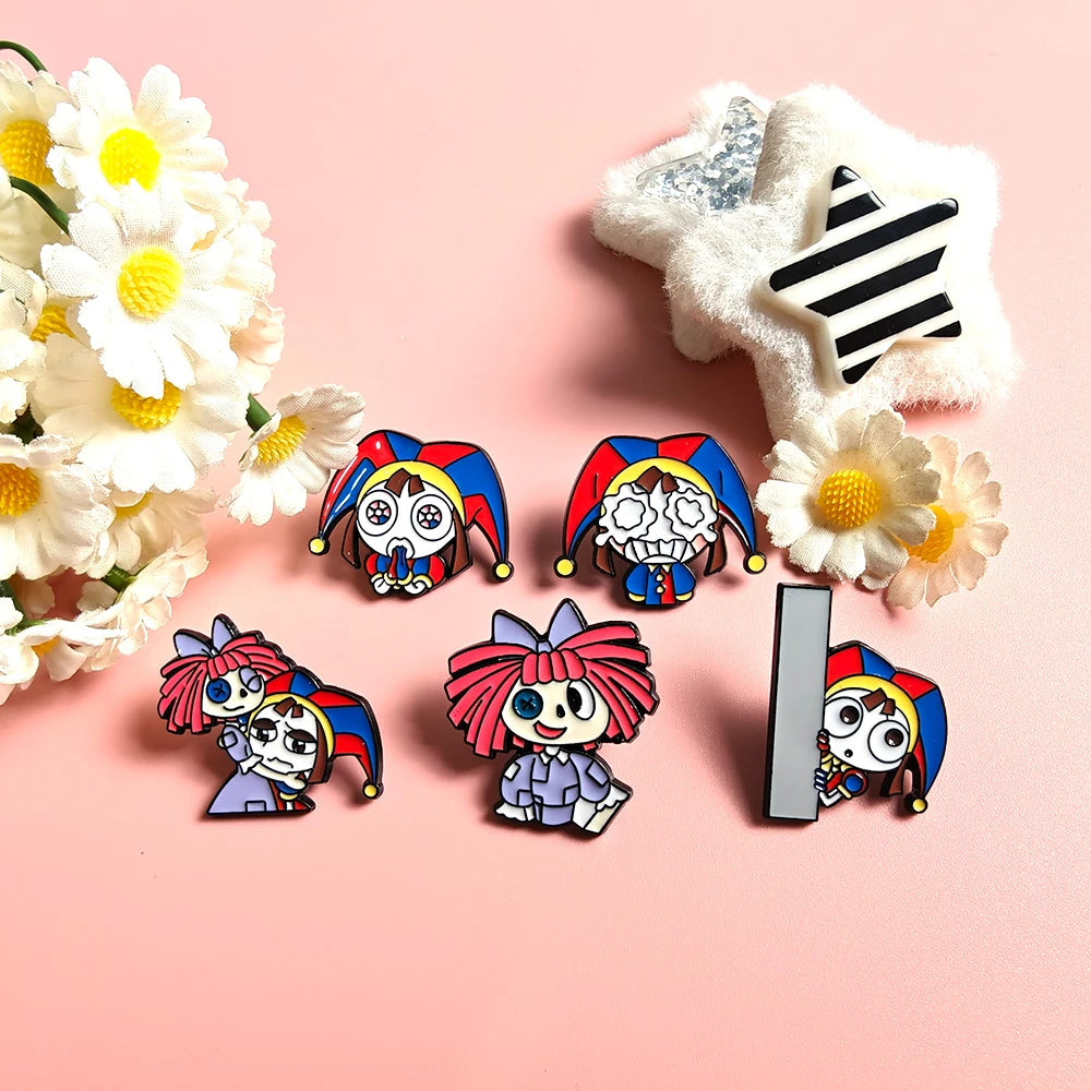 A set of five metal cartoon anime brooches featuring characters with colorful hair and distinct facial expressions.