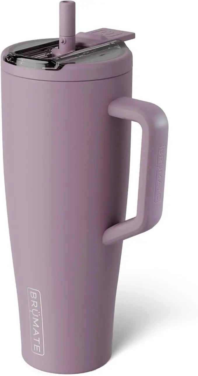 A purple Brümate Era 40 oz insulated tumbler with a handle and straw.