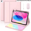 A pink multi-function case for an iPad showing the tablet, keyboard, pen, and mouse accessories.