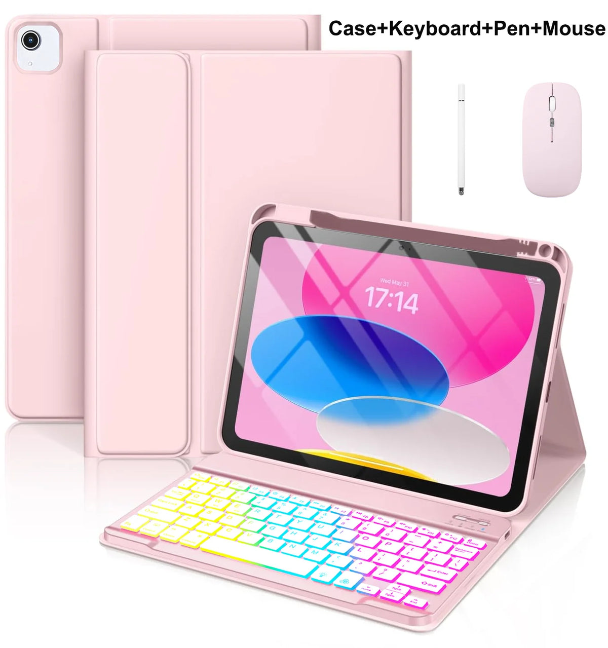 A pink multi-function case for an iPad showing the tablet, keyboard, pen, and mouse accessories.