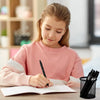 A young girl is writing in a notebook using a set of ten black gel pens and refills.