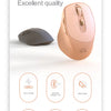 A pink wireless computer mouse is shown next to its components and features like Type-C charge, Bluetooth 2.4G, silent design