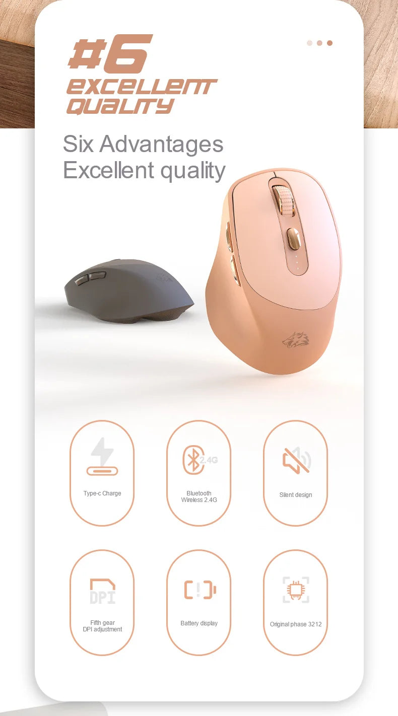 A pink wireless computer mouse is shown next to its components and features like Type-C charge, Bluetooth 2.4G, silent design