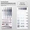 A set of six Languo Acrylic Painting Gel-pen pens with various colors and a grid for writing practice.