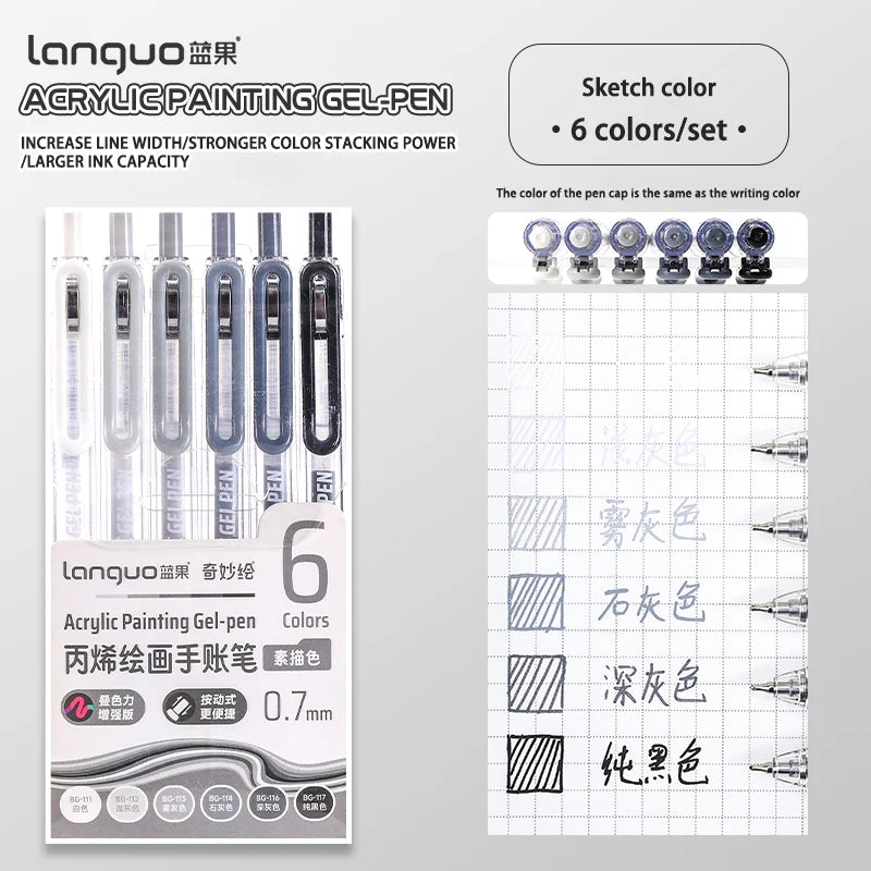 A set of six Languo Acrylic Painting Gel-pen pens with various colors and a grid for writing practice.