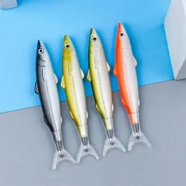 Three colorful ocean fish ballpoint pens, including silver, yellow, and orange varieties.