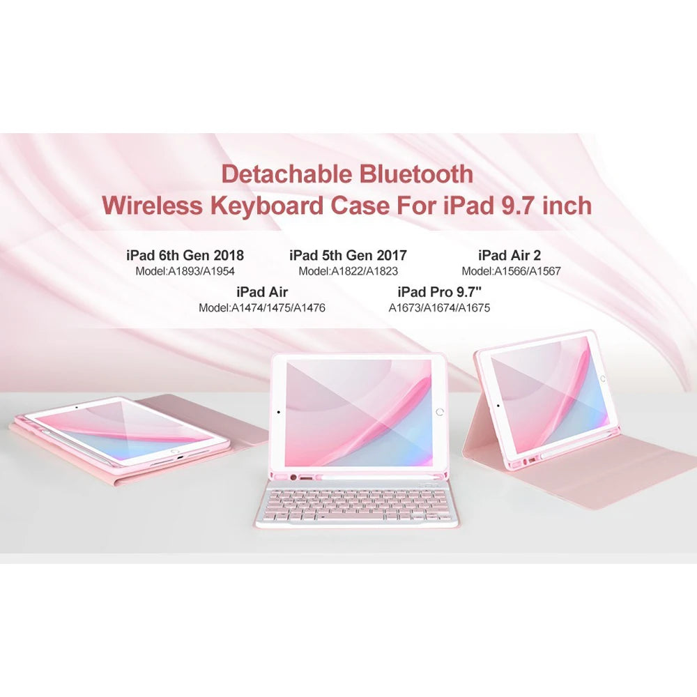 Pink detachable Bluetooth keyboard case for various iPad models including 6th Gen, 5th Gen, Air, and 2nd generation.