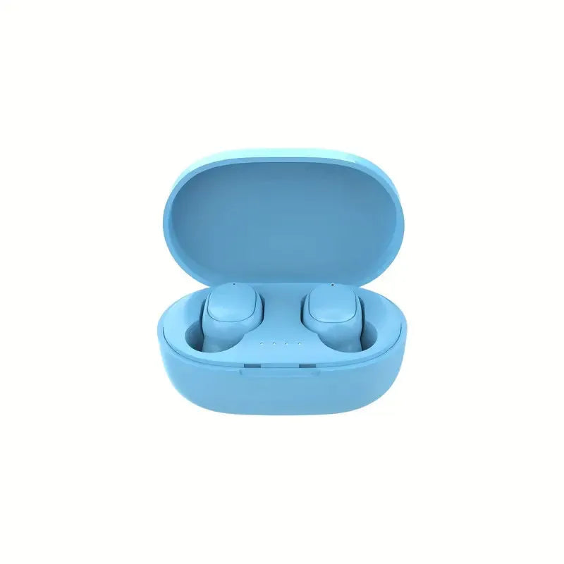 Estuche de carga azul claro para auriculares inalámbricos Bluetooth.
