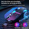 A blue and purple wireless computer mouse shown on a dark surface with Bluetooth and USB receiver icons.