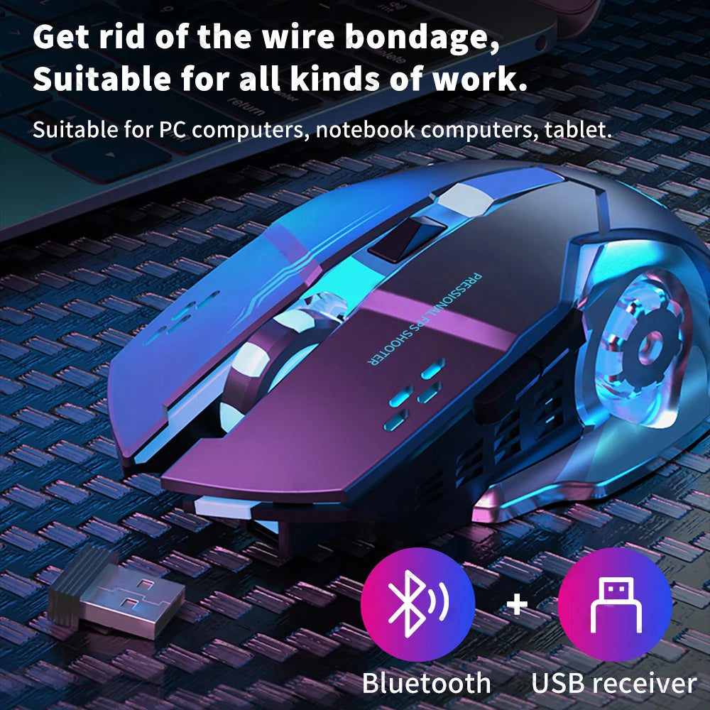 A blue and purple wireless computer mouse shown on a dark surface with Bluetooth and USB receiver icons.