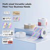 A variety of multi-sized versatile labels and stickers are displayed on a white surface, including pearl earrings, a Daisy la