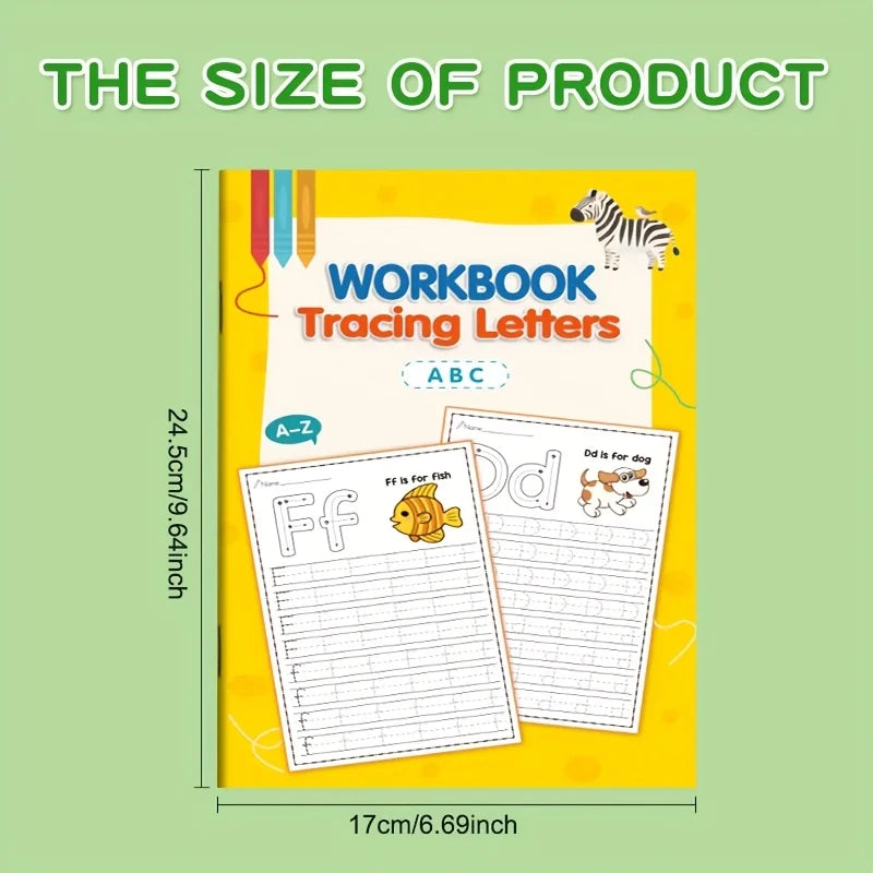 Gelbes Arbeitsbuch „Workbook Tracing Letters ABC“ mit Übungsseite für Buchstaben wie ff und dd.