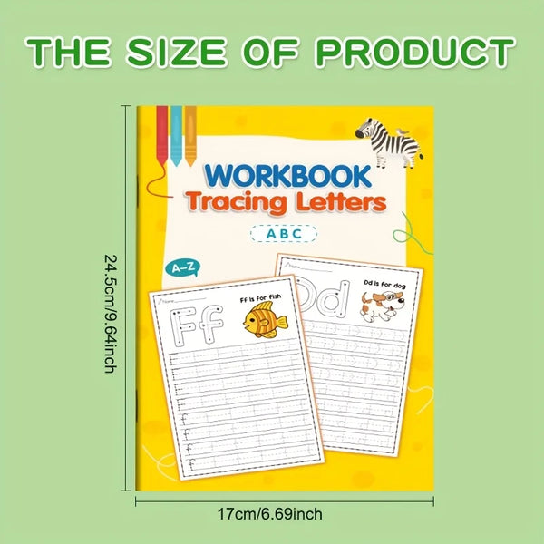 A yellow workbook titled Workbook Tracing Letters ABC showing practice pages for letters like ff and dd.