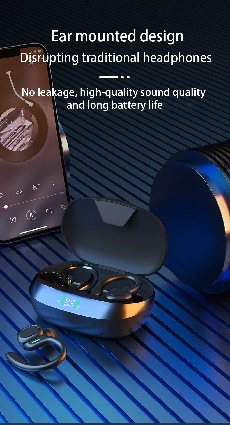 A pair of blue and black ear hooks with a microphone are shown next to a smartphone, demonstrating an ear mounted design.