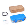 A blue portable combination lock box with a metal key and its cardboard packaging box.